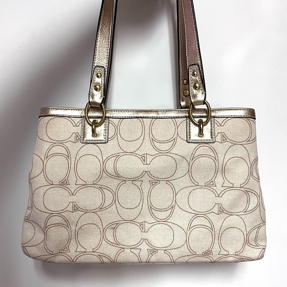 Coach Monogram Penelope Handbag Satchel Gold Leather Ivory Linen Signature C - Picture 8 of 16